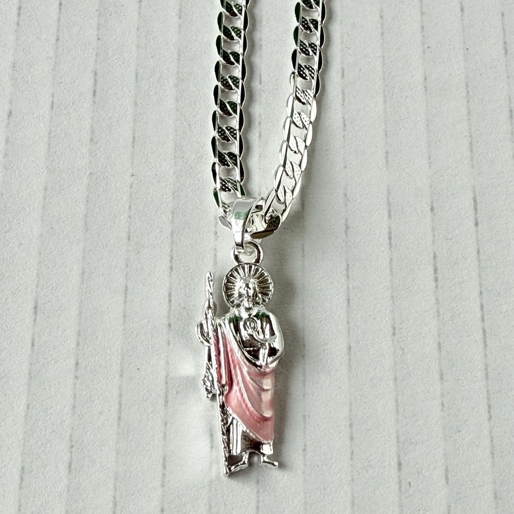 St Jude Pendant Pink Mantle Silver Plated -chain  20" San Judas Tadeo Manto Rosa